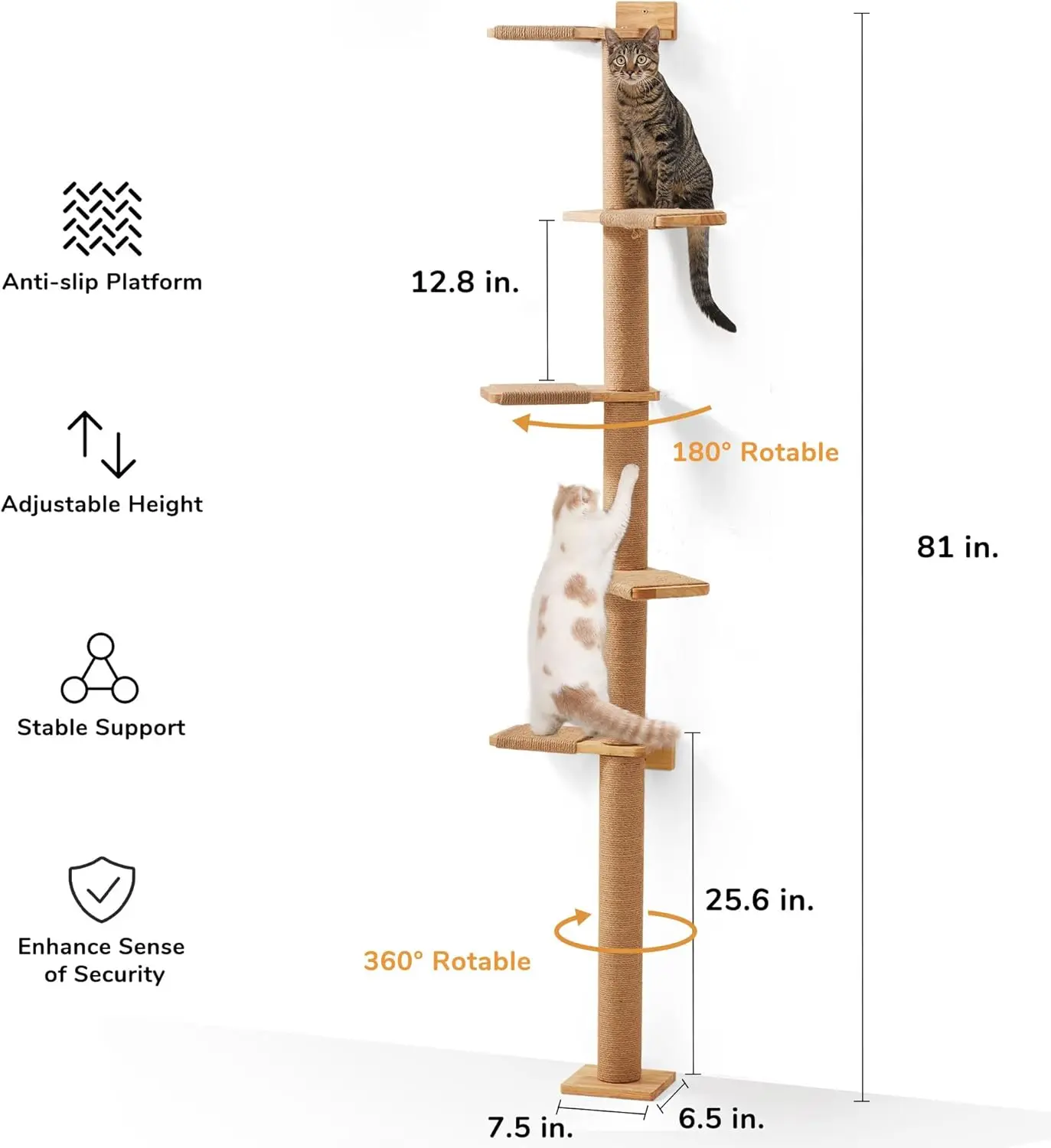 Fukumaru Tall Cat Tree, 5 Tier Floor To Ceiling Cat Tower, Wall-Mounted Cat Scratching Post, Wild Simulation Cat Wall Shelves,