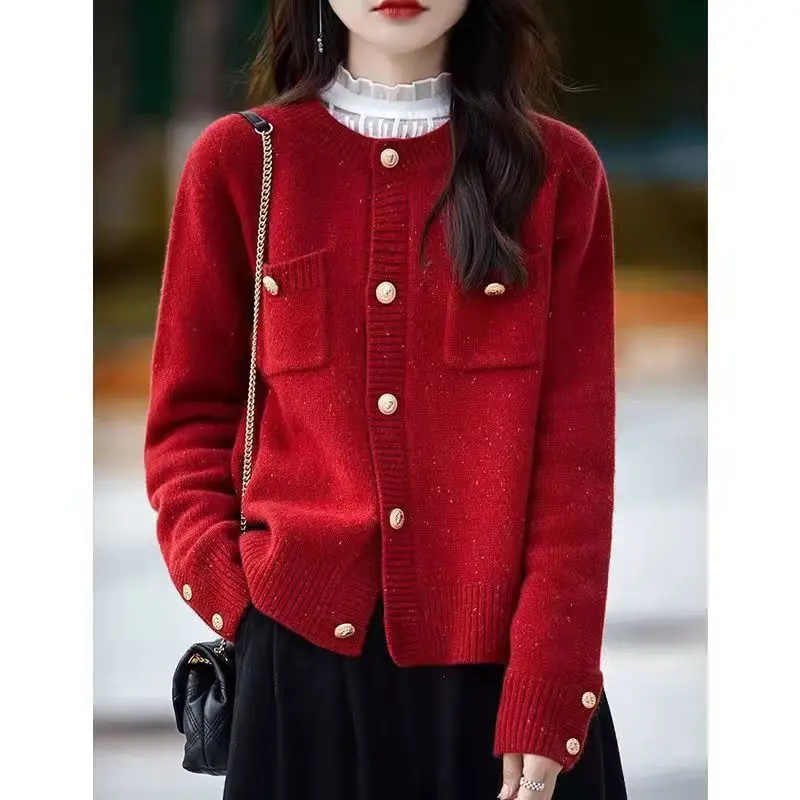 Women Clothing Fashion Elegant O-neck Long Sleeve Cardigan Autumn Winter Korean Version Chic Button Sweaters Lady All-match Tops