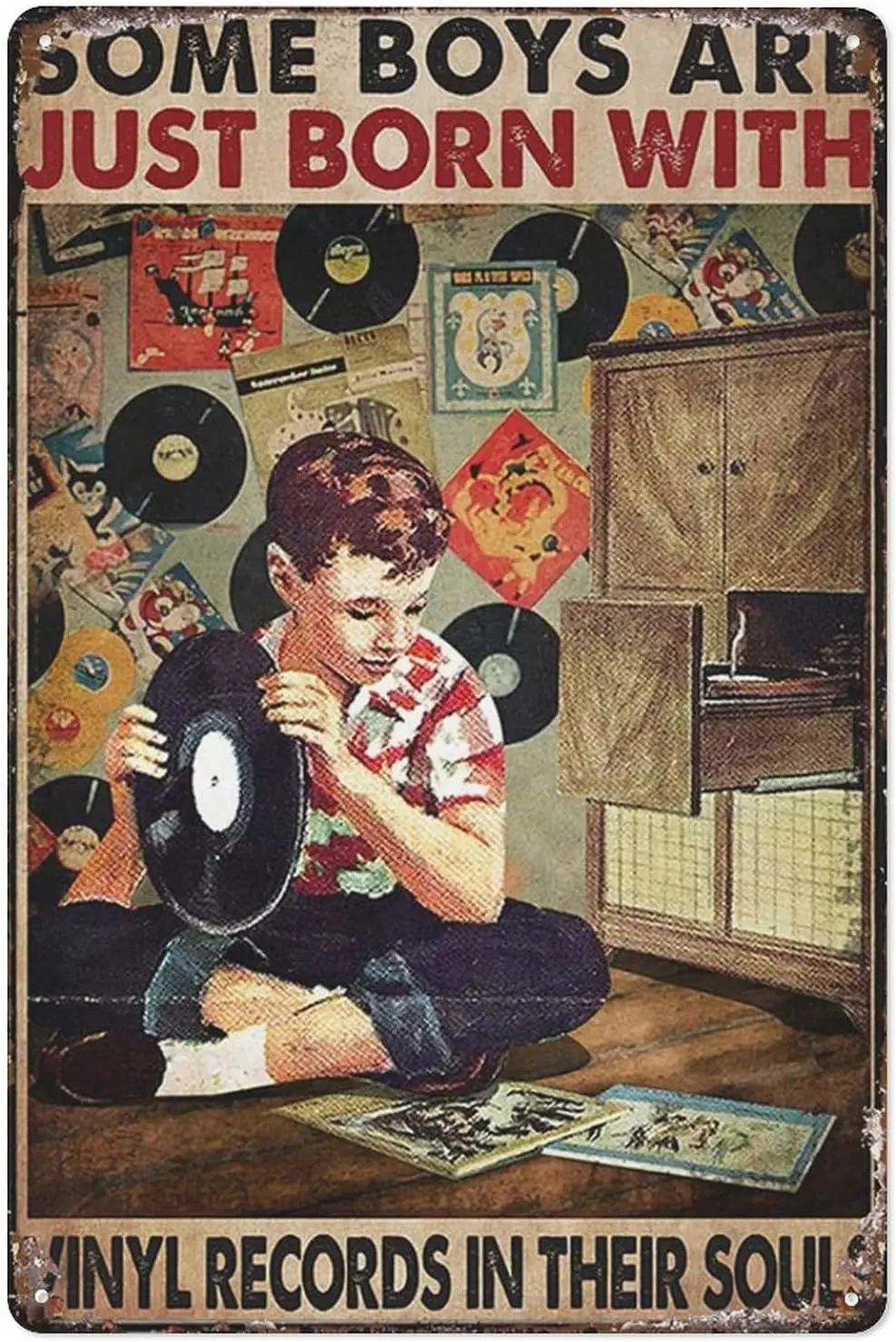 Retro Tin Sign Vinyl Record, Music Lover - Some Boys Are Just Born With, Vinyl Records In Their Souls For Home Classroom Bathroo