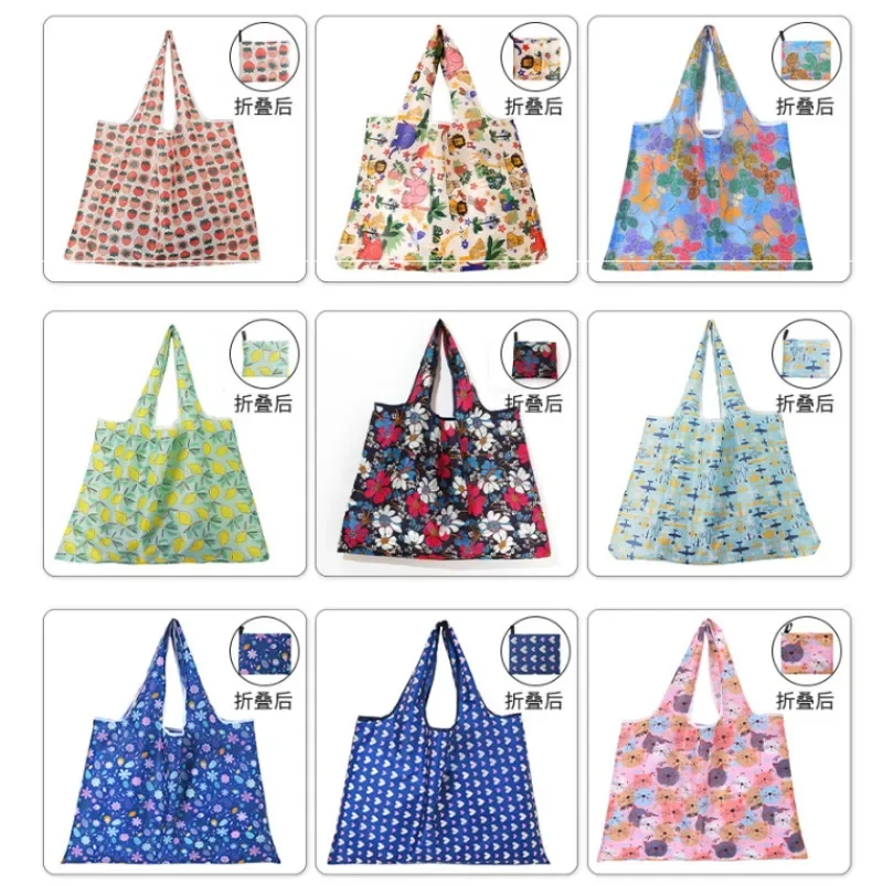 Large Tote Shopping Bags Strawberry Reusable Grocery Bags Foldable Environment-Friendly Nylon Heavy-Duty Pocket Shopper Handbags