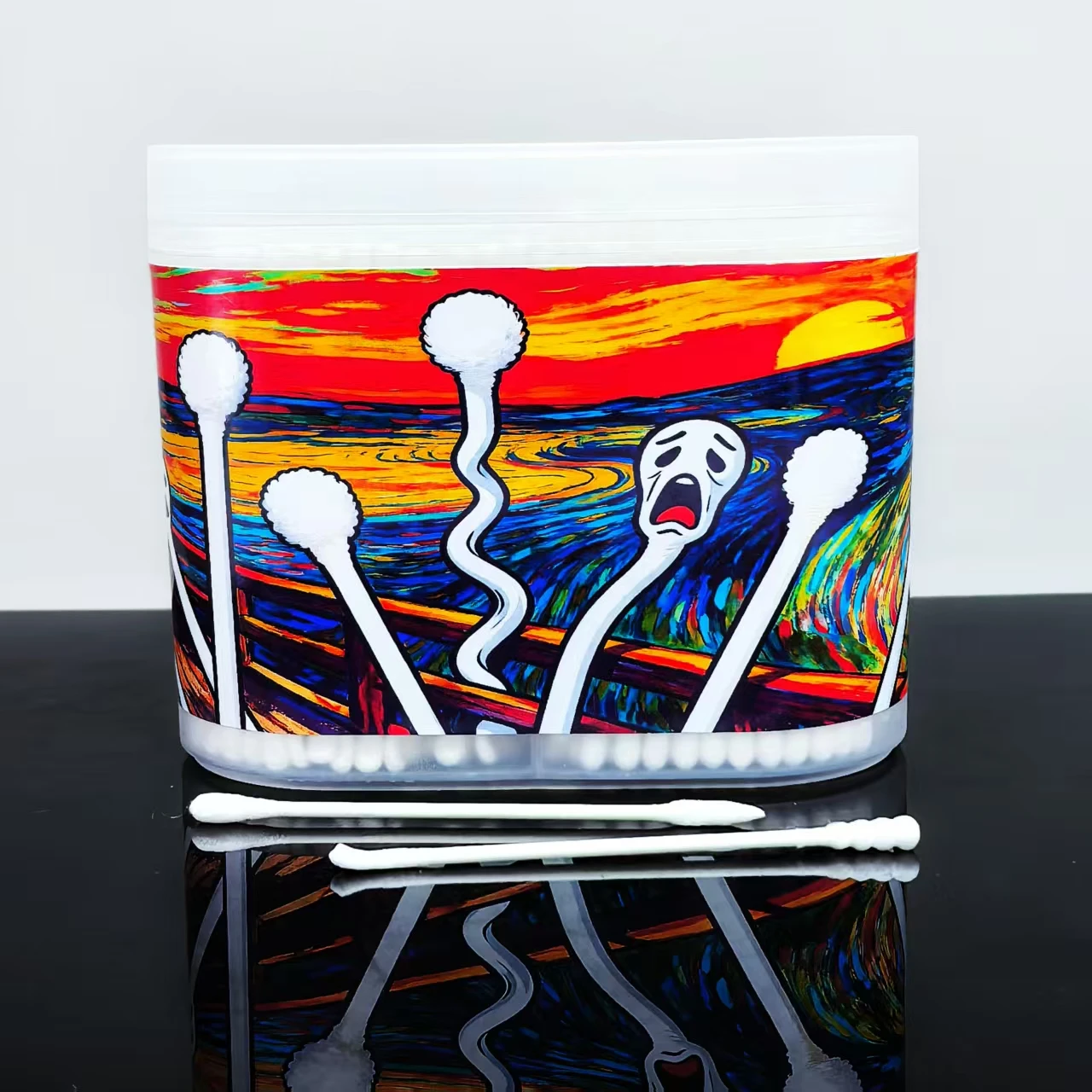 600 Stück doppelköpfige Wattestäbchen im Ölgemälde-Stil, Wattestäbchen mit kreativem Muster, Wattestäbchen mit feinem Schaft und Ohrlöffel