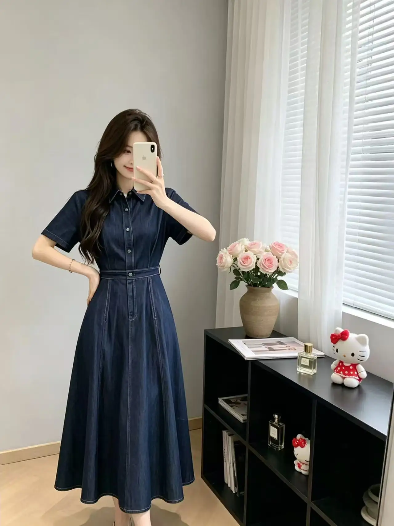 Women's  Collar Short Sleeve Denim Dress Midi Skirt Deep Blue Summer Fashionable Knee-Length A-Line Dress Casual Wear
