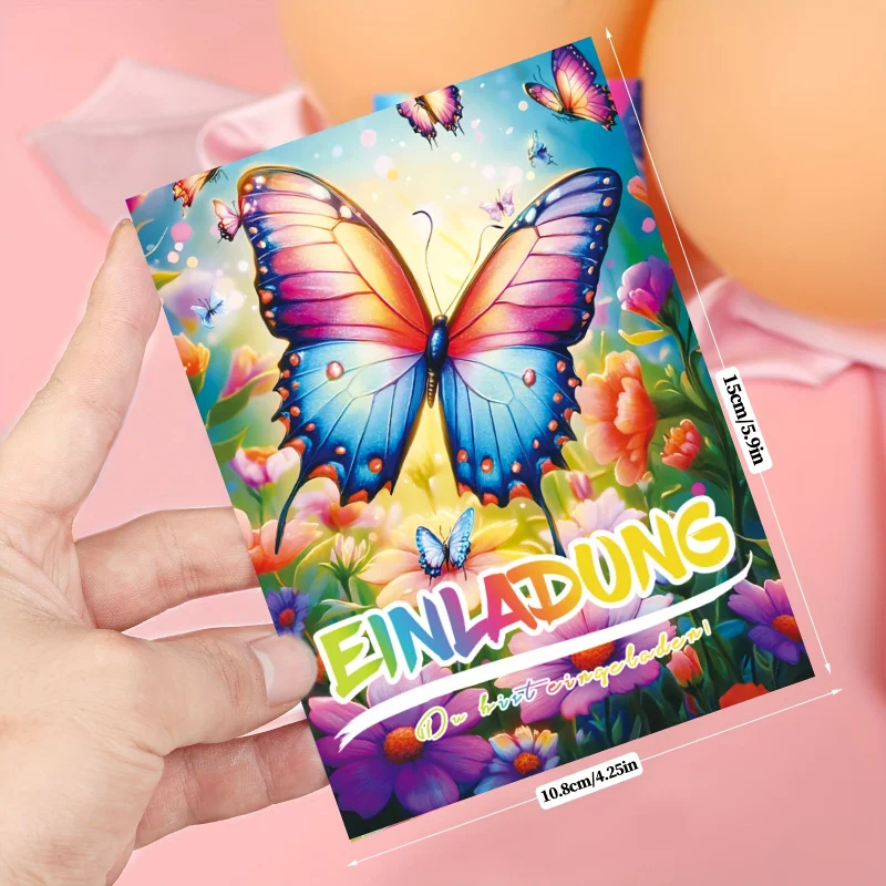 Deutsche romantische Einladungskarten mit Schmetterlingsblumen-Thema (bunt), 12er-Set