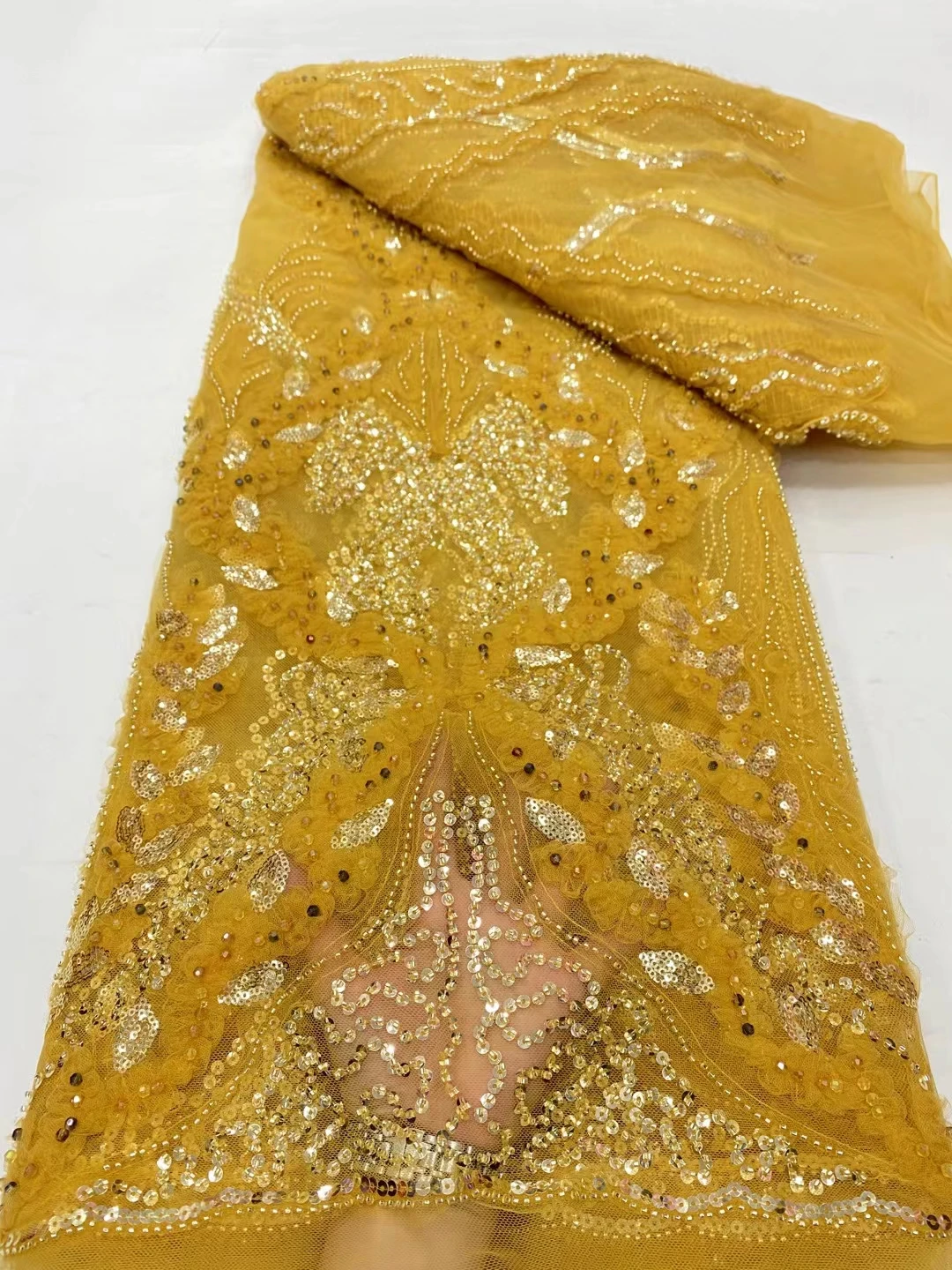 

Luxury Gold Sequins African Lace Fabric 2024 High Quality French Beads Tulle Lace Fabric For Wedding Party Dress Sewing KDP24114