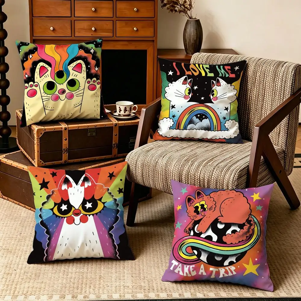 Art-Psychedelic Rainbow CatS Cushion Cover Soft Velvet Cushion Cover Set 4Pcs 50x50 45x45 Zipper Pillowcase for Home Decor