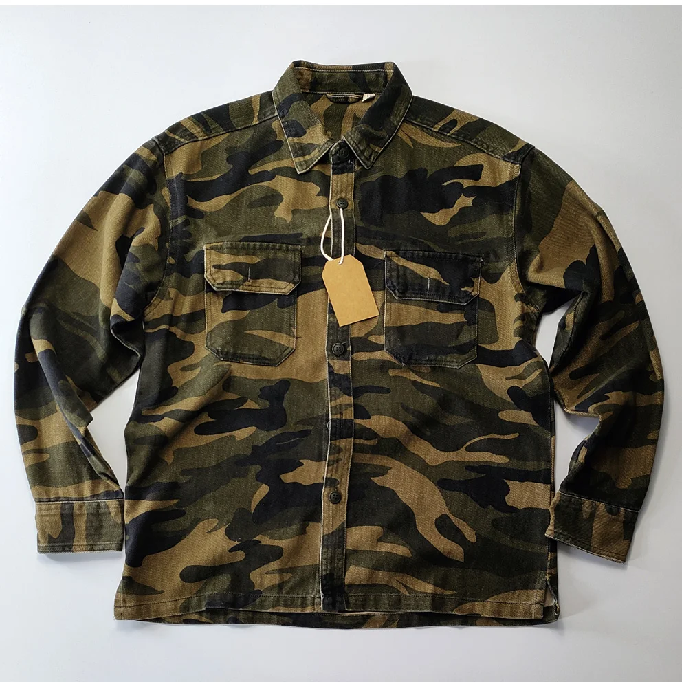 American Vintage Casual Camouflage Shirts for Men 100% Cotton Washed Soft Loose Distressed Workwear Spring Autumn Long Sleeve