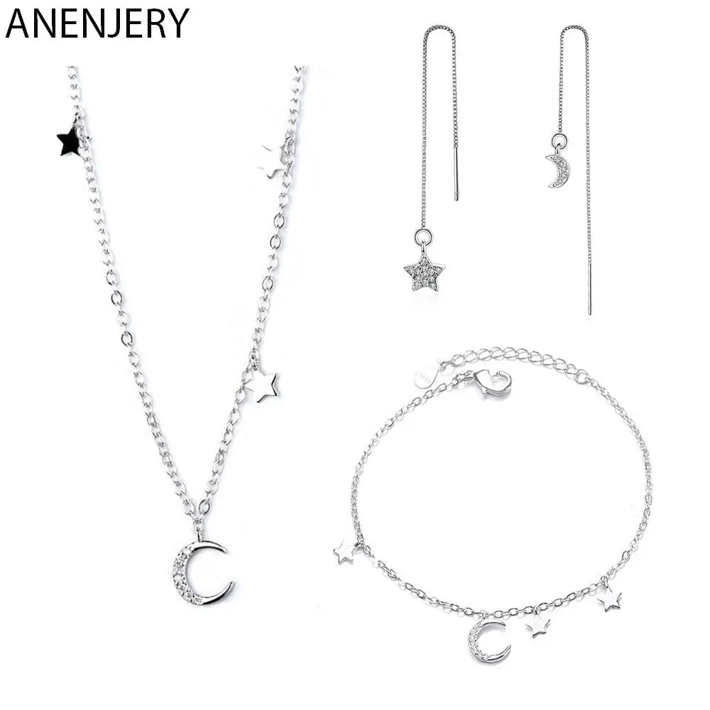 ANENJERY Silver Color Charm Summer Micro Zircon Moon Star Short Necklace Bracelet Earrings Jewelry Sets For Women Girl