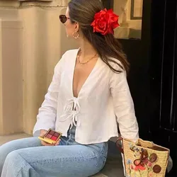 Blusa informal de manga larga para mujer, camisa holgada con lazo y cordones, 95% algodón, cuello en V, primavera y verano, 2024