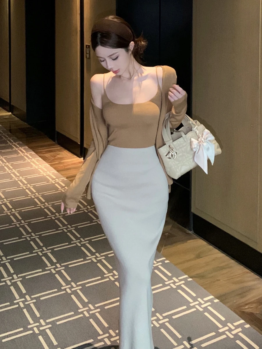 Korean Style Pure Desire Light Maturity Wind Waist Cinched Strap Vest Long Sleeve Open Cardigan Outerwear High Waist Slim Fit...