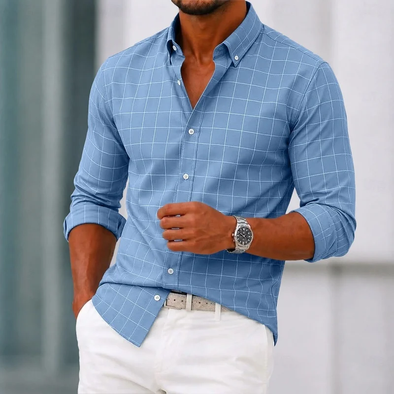Men's Shirt White and Blue Checkered Long Sleeved Shirt Trendy Checkered Shirt Business Casual Versatile Men's Clothing