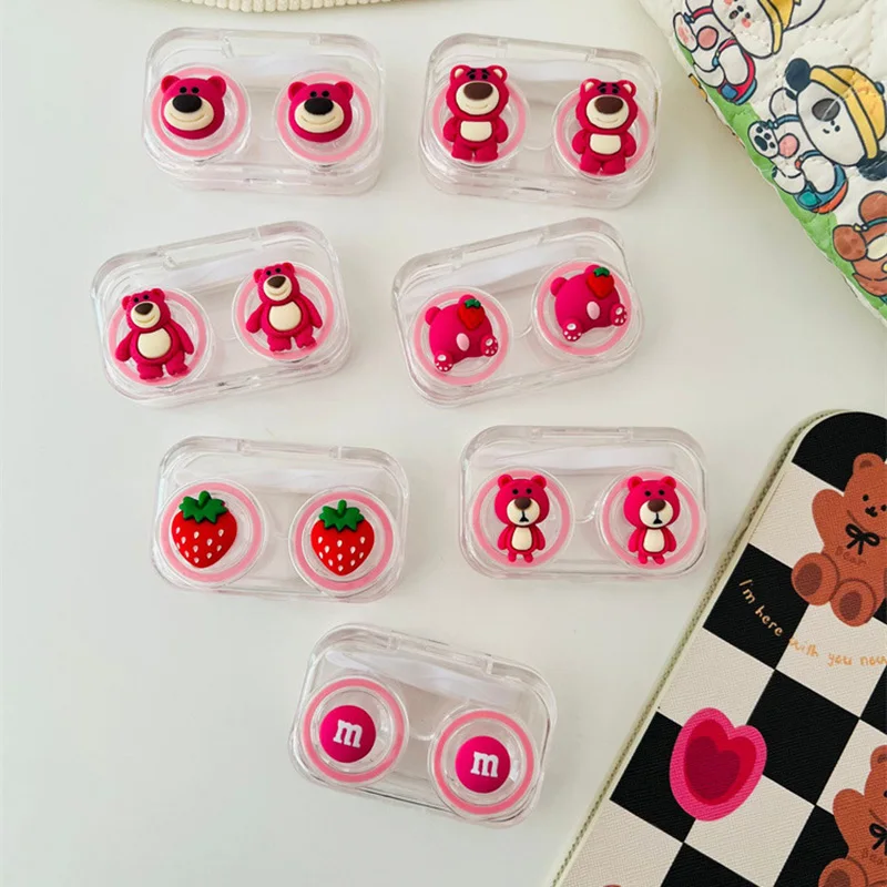 New Kawaii Disney Contact Lens Case Pink Cartoon Cute Lotso Portable Contact Lens Box with Mirror Girls Travel Gifts