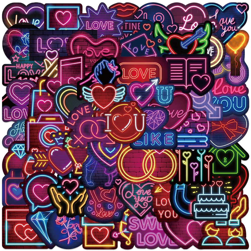 64pcs Neon Valentine's Day Stickers Funny Cool Graffiti Decals For Laptop Luggage Skateboard Scrapbook Phone Waterproof Stickers