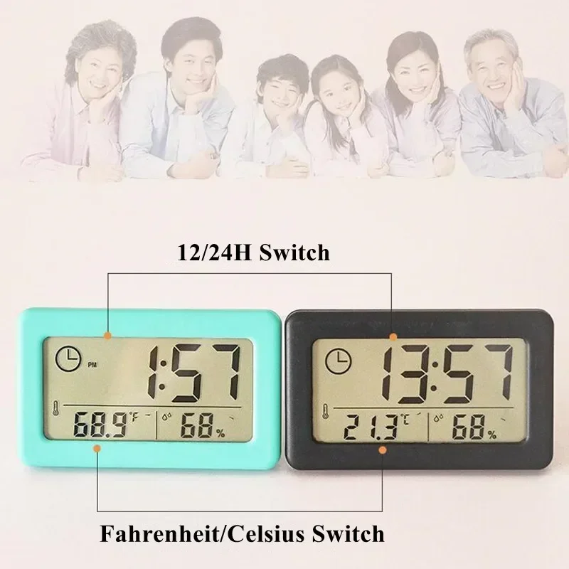 Mini Digital Clock Temperature Humidity Portable Watch Clock Thermometer Hygrometer 12/24 Hours Battery Powered Clock Home Table