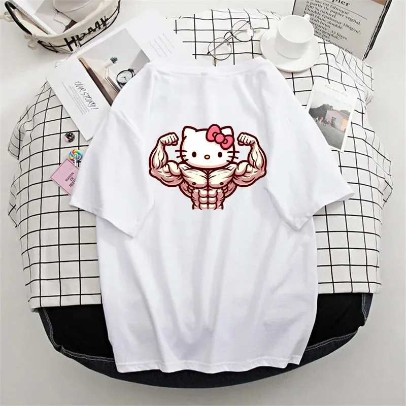 Muscle Sanrioes Women T-shirt Anime HelloKittys Cinnamorolls Kuromis Funny Modeling Men's Clothes Casual Short Sleeve Tshirt