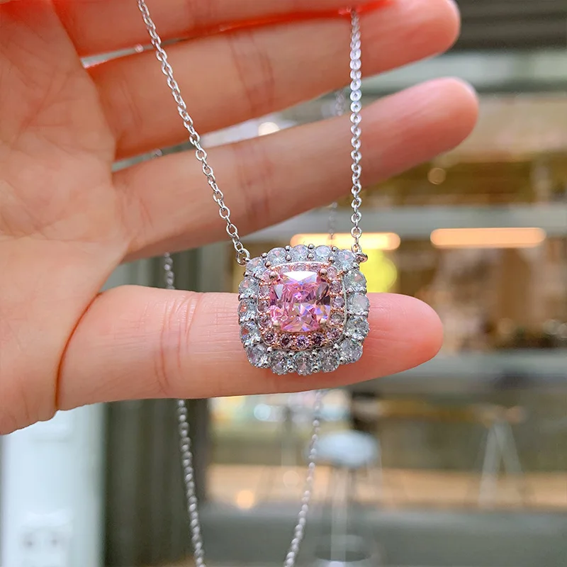

Square Zircon Pink Diamond Necklace Elegant Simple Yellow Diamond Pendant Women Versatile Clavicle Necklace