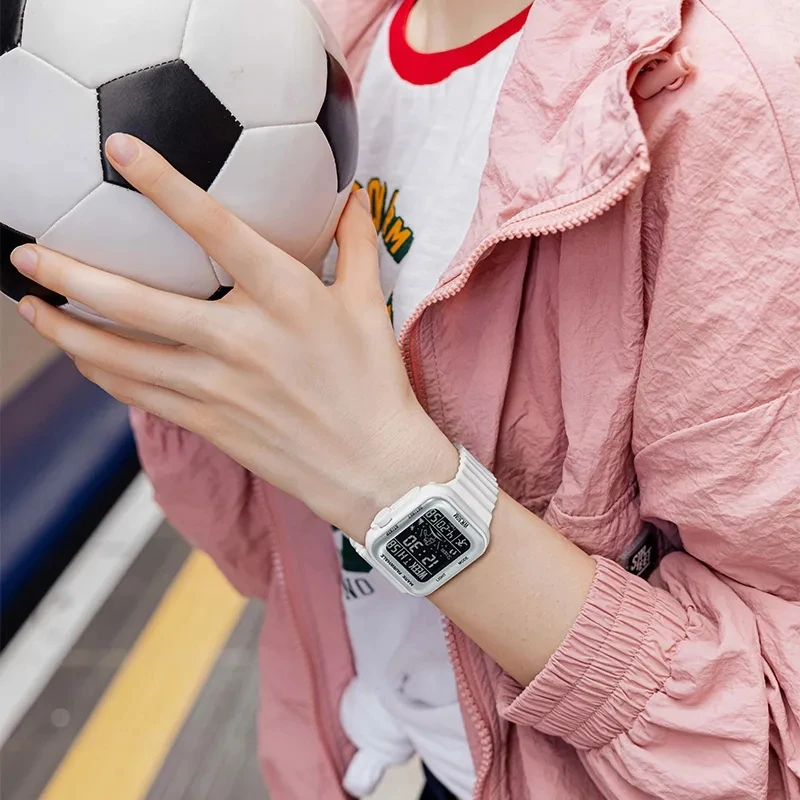 สแควร์นาฬิกาผู้ชายขนาดใหญ่นาฬิกาอิเล็กทรอนิกส์อเนกประสงค์กันน้ําปฏิทินส่องสว่างจอแสดงผล LED นาฬิกานักเรียน