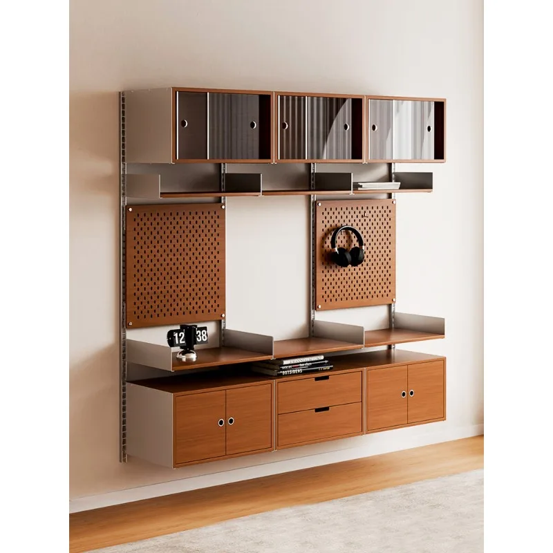 

Aluminum frame wall hanging module system one-word laminate track wall hanging rack, open storage rack behind sofa, TV rack