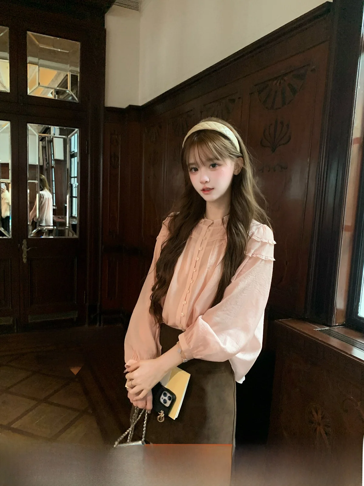 

ThePeachOfficial Baroque Girl Vintage Pleated Ruffle Thin Shirt Pink French Style Loose Fit Long Sleeve round Neck Button up