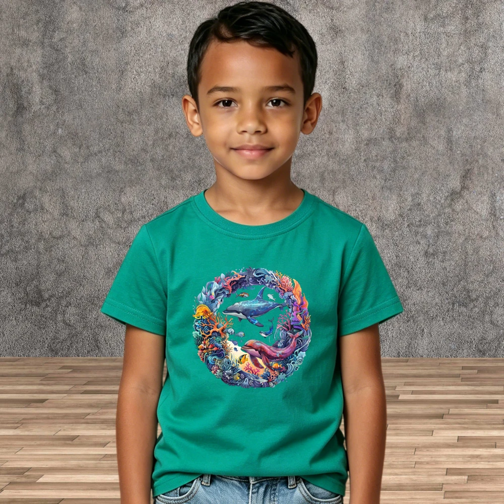 Summer Kids T-Shirt Boys Girls Dolphin Graphic Short Sleeve Ocean Animal Tees