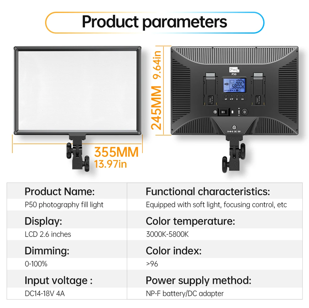 Pixel P50 LED Photo Studio Light 45W Video Panel Lighting For Live Streaming YouTuBe Shooting Photography Lamp