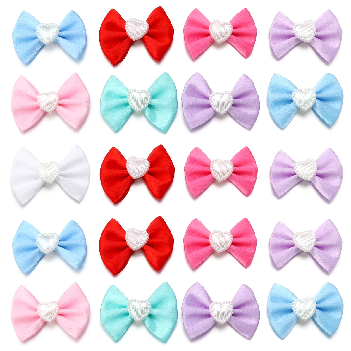 

20Pcs/Pack 3.5*4.5cm Colored Polyester Satin Ribbon Bows With Imitation Pearl Bowknots For DIY Clothing Decoration Accessories