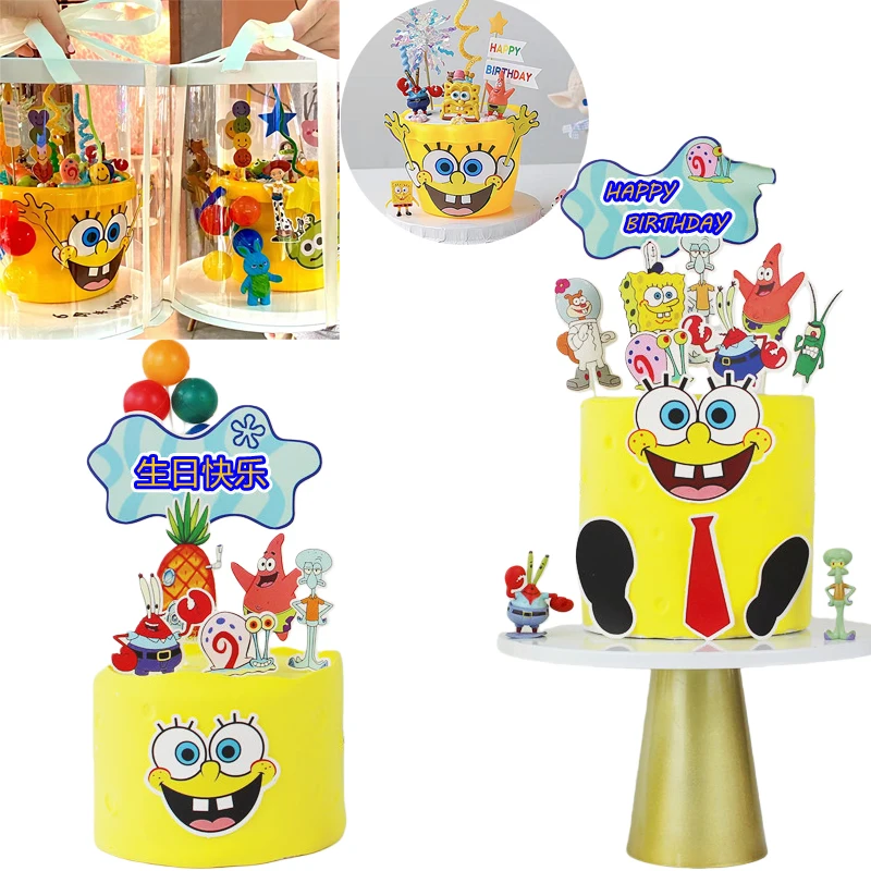 Bob Esponja, decoraciones para pasteles de Anime, adorno para tarta de fiesta de cumpleaños para niños, adornos para magdalenas, suministros de decoración para tarta de Baby Shower de dibujos animados