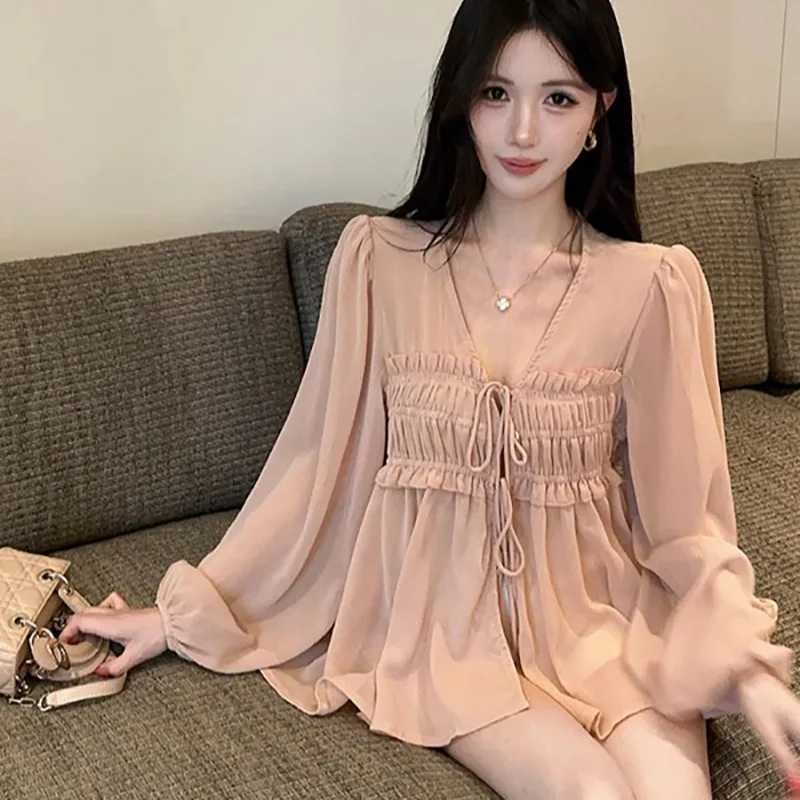 

Новая летняя женская прозрачная блузка с V-образным вырезом, рукавами из кружевной ткани и защитой от солнца, для кондиционированных помещений