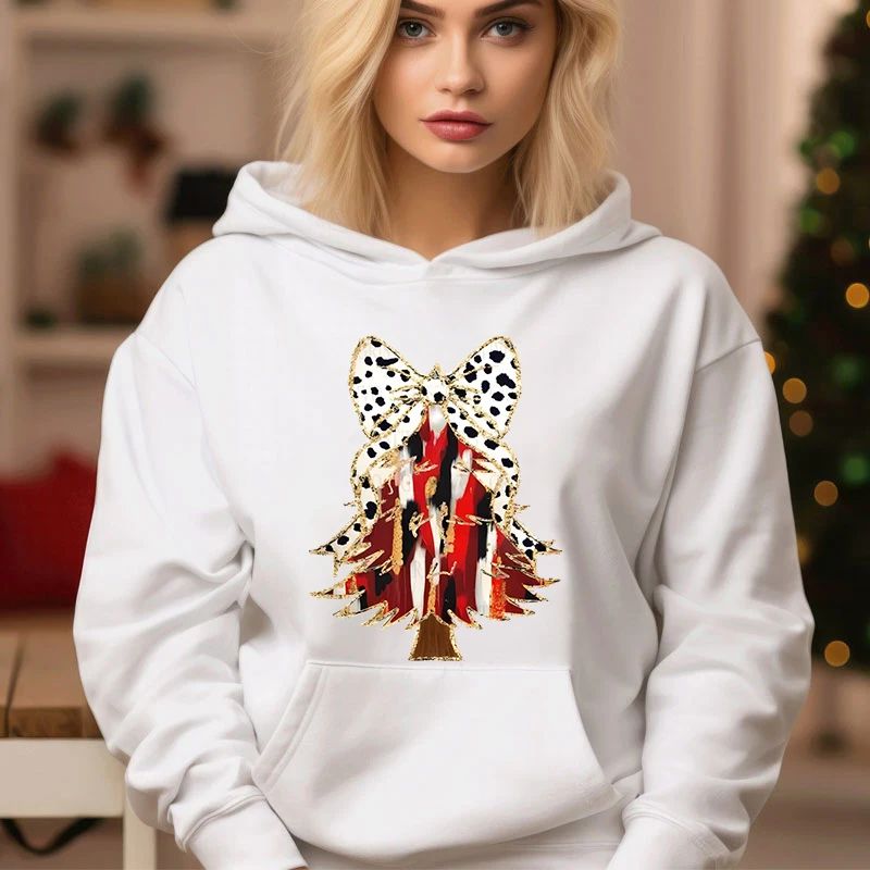 Women Creative Christmas Tree Print Hoodie Long Sleeve Pullover Fashion Sweet Bow Tree White Y2K Tracksuit Merry Christmas Hoody