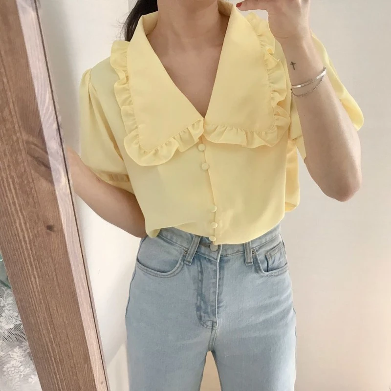 Chic Peter Pan Collar Chiffon Shirt Women Summer Retro Loose Short-sleeved Blouse Female Kawaii Yellow Tops Mujer 2024 New