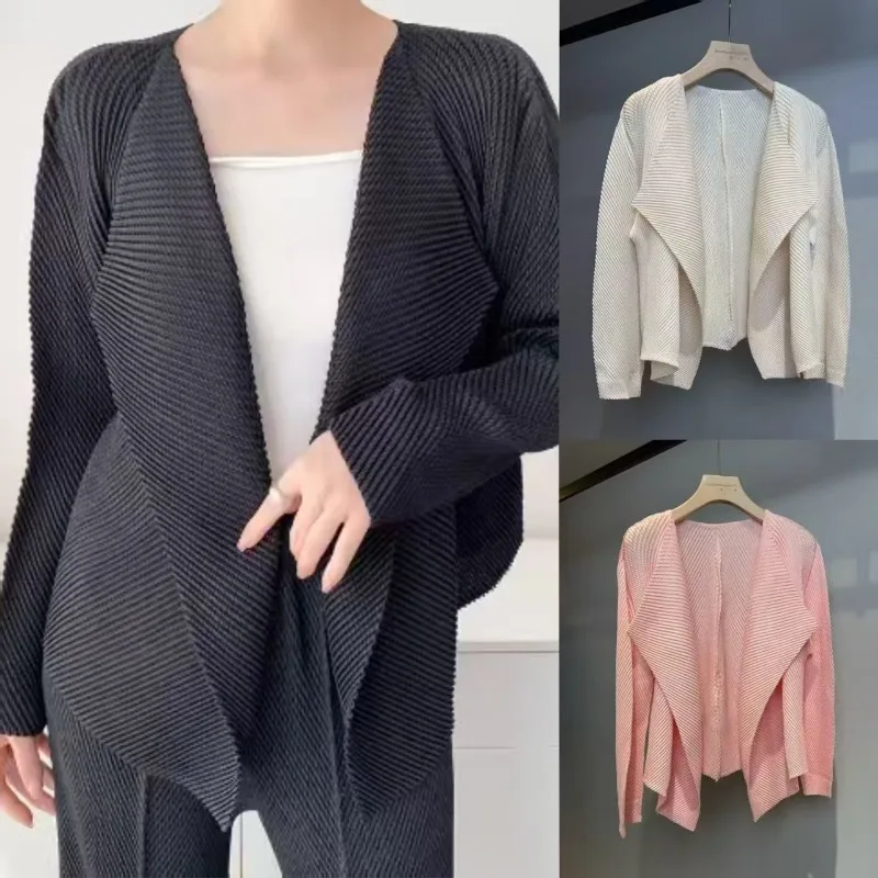 

Miyake Pleated Solid Color Jacket Women 2025 Pleated Short Jacket Autumn Lapel Long Sleeve Tops Peplum Air Conditioner Shirt