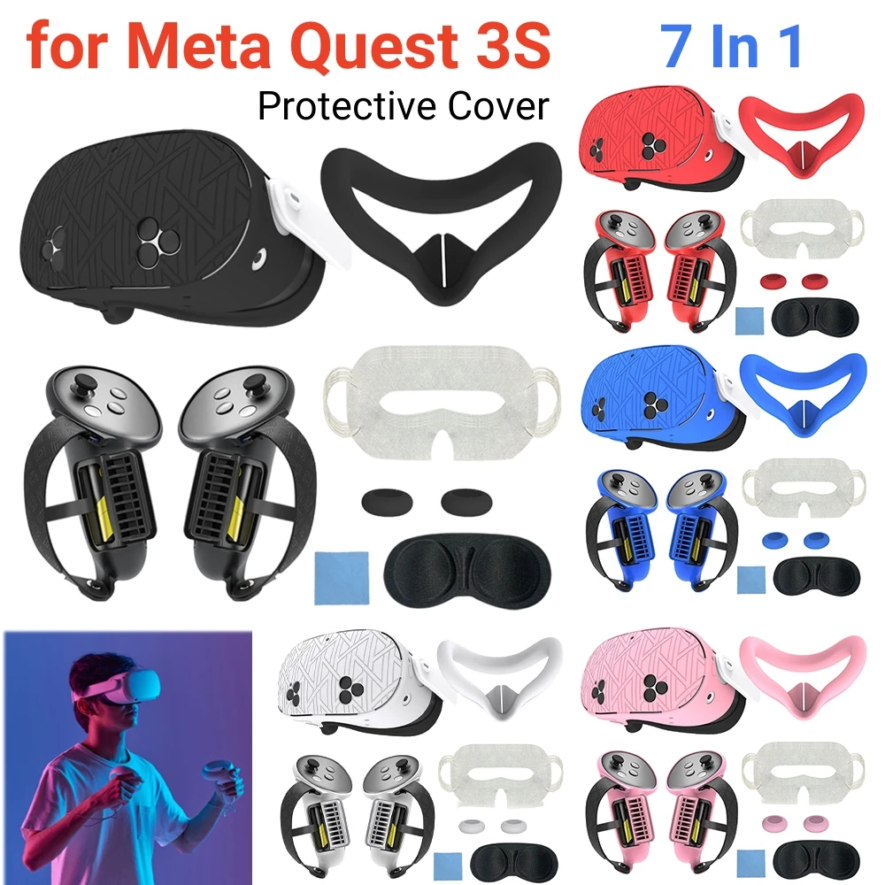 7 In 1 Silicone Protective Cover Set For Meta Quest 3S VR Accessories Replacement Anti-Scratch Anti-Leakage Nose Pad Mask Case