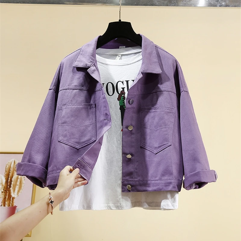 2024 Spring Autumn Purple Denim Jackets Short Women\'s Coat Pockets Single Breasted Long Sleeve Loose Solid Female Outwear Trend