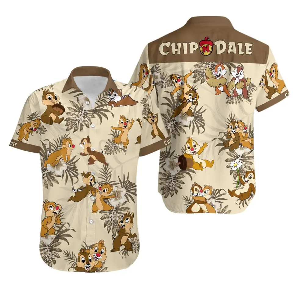 Camisa hawaiana de Chip \'n\'dale Nuts de Disney, camisa hawaiana de Chip y Dale, Top informal de manga corta con botones para playa