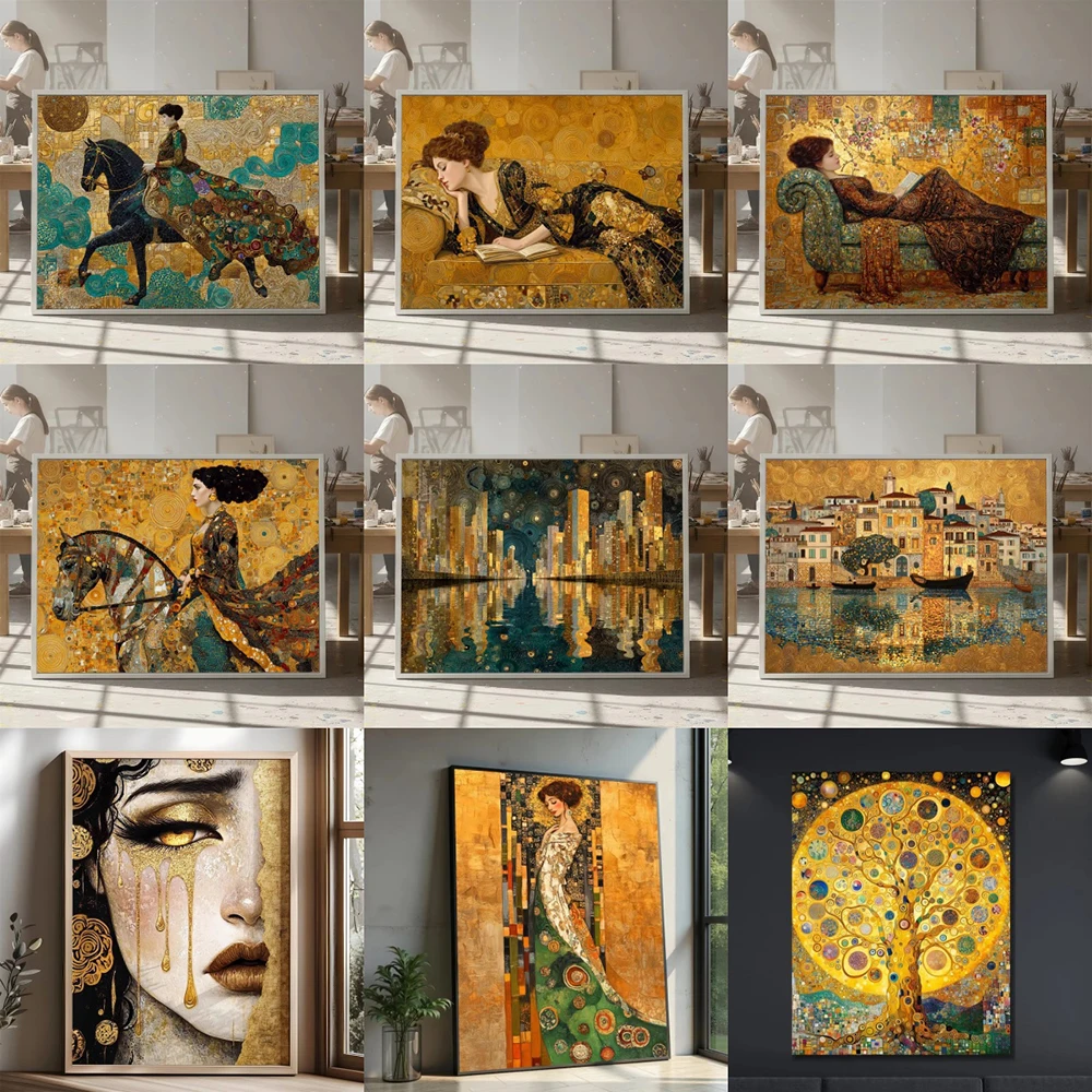 Gustav Klimt Reclining Woman Canvas Painting Nouveau Wall Art Elegant Reading Scene Prints Bohemian Blue Floral Dress Decor