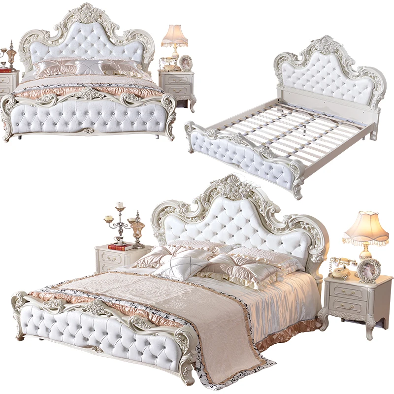 

Luxury French Style White Leather Upholstery Carved Rose Headboard King Size Bed