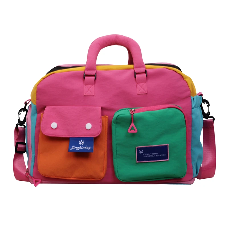 Color Block Multi-pocket Handheld Travel Bag, Trendy Patchwork Shoulder Crossbody Duffel Bag