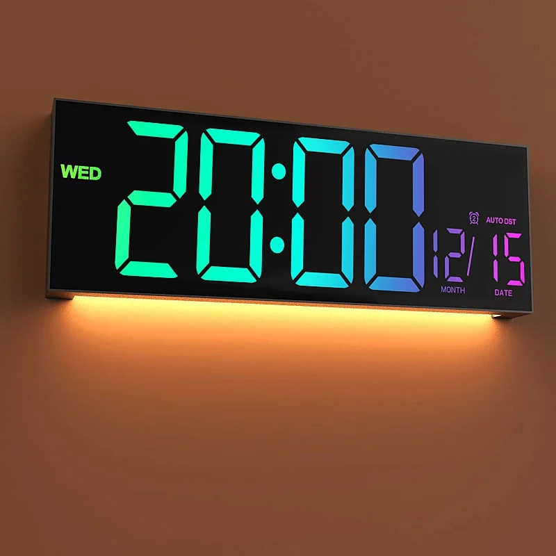 15,24 Zoll Große Digitale Wanduhr mit Fernbedienung, Stimmungslicht in 8 RGB-Farben, 2 Weckfunktionen, Countdown, 12/24-Stunden-LED-Wecker zur Dekoration – Detail 5