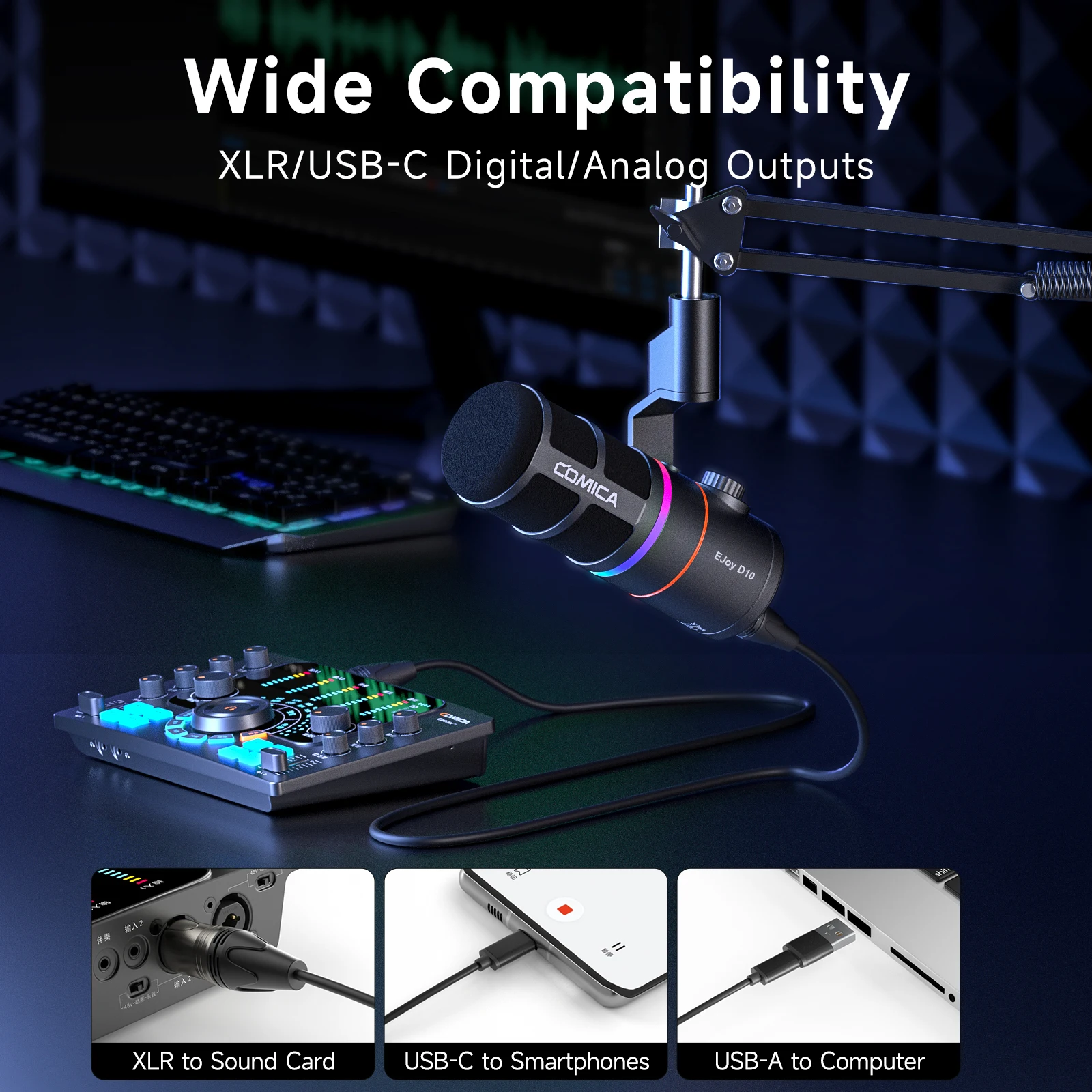 COMICA D10/D10 PRO RGB 카디오이드 USB/XLR 다이나믹 데스크탑 게이밍 마이크 유선/무선 마이크로폰 스트리밍 인터뷰 팟캐스트용 썸네일 2