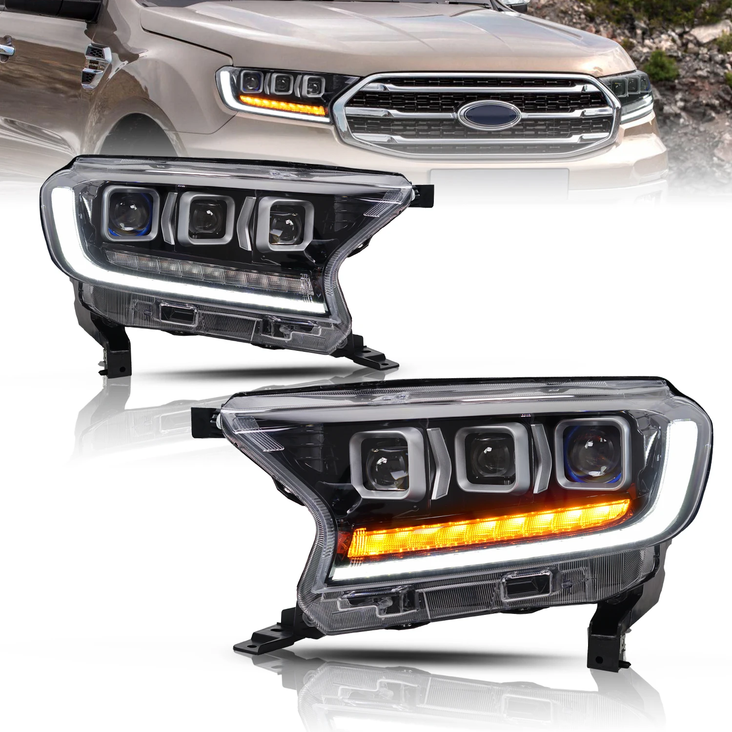 For Ranger Full LED DRL Front Lamp Sequential Turn Signal 2015-2020 T6 T7 Dual Beam Lens Headlights For Ford Ranger