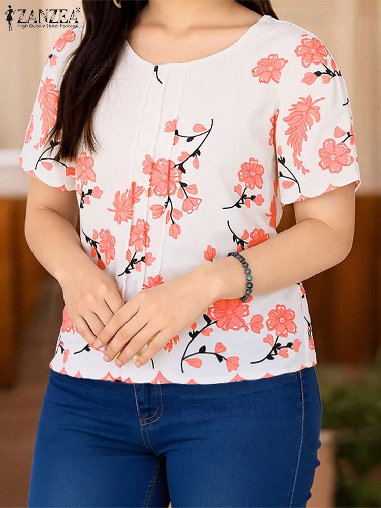 بلوزات صيفية للسيدات من ZANZEA بلوزة مطبوعة بالزهور قمصان كلاسيكية موضة 2025 بأكمام قصيرة سترة فضفاضة غير رسمية برقبة دائرية بلوزات كبيرة الحجم #3