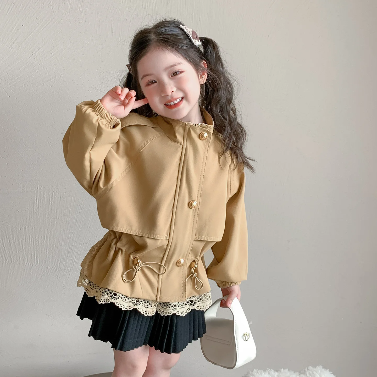 

Girls Coat 2025 Autumn and Winter New Children's Clothing Girls Baby Fashion Lace Waist Windbreaker Casual Simple All Match