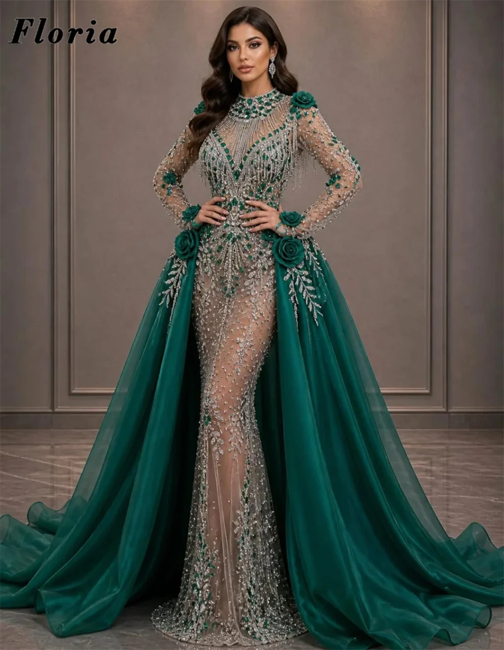 

2 In 1 Sage Green Long Sleeves Evening Dresses Vestidos De Fiesta Arabic Beaded Diamonds Engagement Dress Party Night Gowns