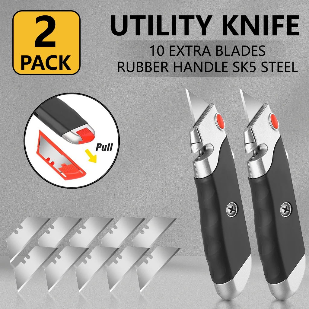

2Pcs Premium Utility Knife with 10Pcs Blades, Box Cutter Retractable Heavy Duty, Razor Knife, Rubber Handle (Black)