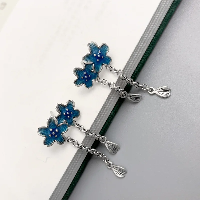 

New in Pastoral Style Two Blue Flower Tassel Earrings for Women Vintage Exquisite 925 Silver Enamel Earings Party Jewelry