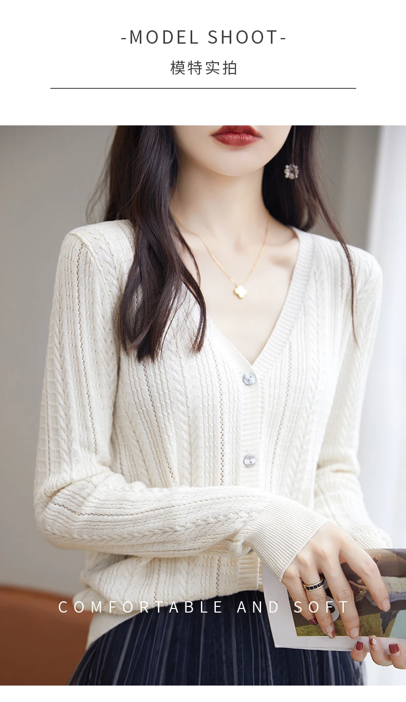 100% Cotton Spring/Summer Hollow v Neck Long Sleeved Sun Proof Air-Conditioned Shirt, Comfortable Fashionable Cardigan