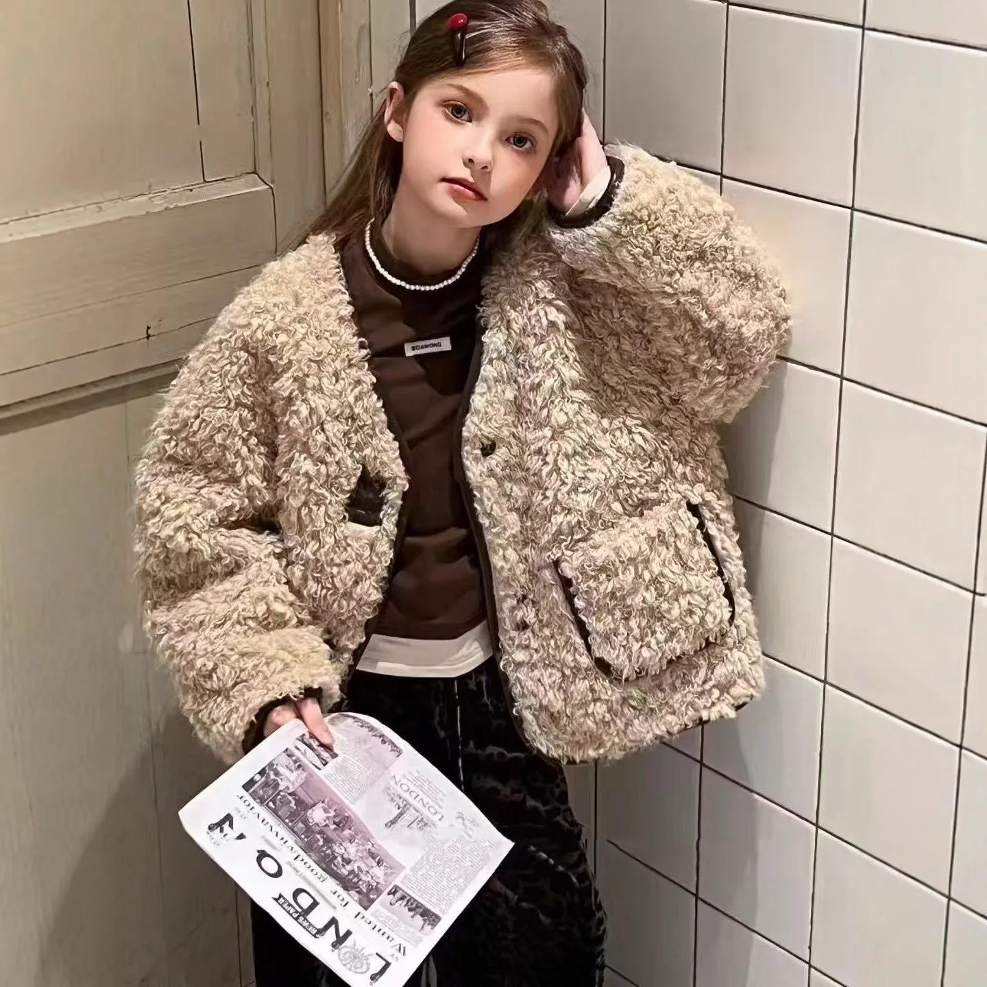 

Children Girls Woolen Jacket New Winter Coffee Thicken Warm Toddler Girls Coat Round Neck Kids Baby Girls Quilted Outerwear Coat