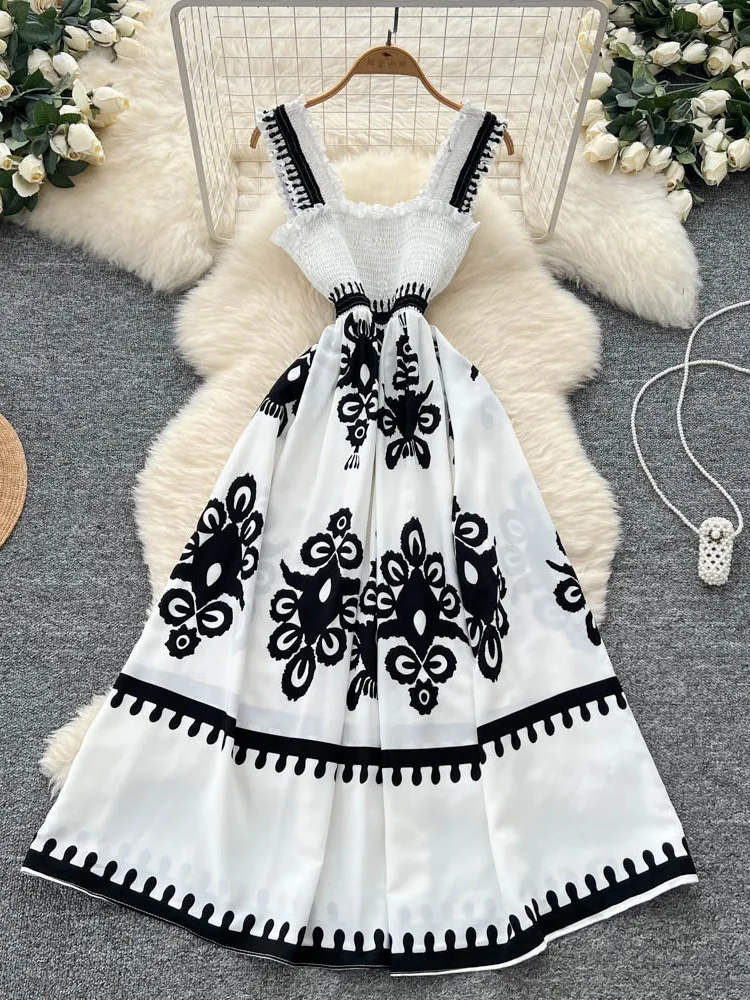 เอเล ยูโรเปียน คอร์ท เอสเล่ ลายดอกไม้ สายรัด Dr ผู้หญิง ฤดูร้อน หูไม้ เอวกระชับสัดส่วน เก๋ หรูหรา เลดี้ ลอง Dr