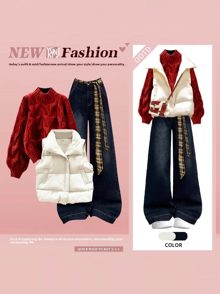 

Женский повседневный вязаный свитер большого размера, комплект из футболки с клетчатыми джинсами и жилетом для зимней удобной хлопковой одежды