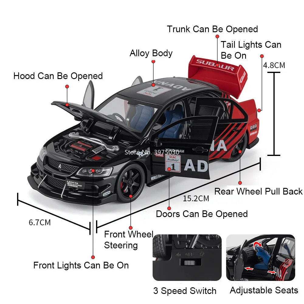 1:32 Alloy Mitsubishi EVO Toys Model Cars Wheels Turned Miniature Supercar with Pull Back Light Music Vehicle Toddler Kids Gifts