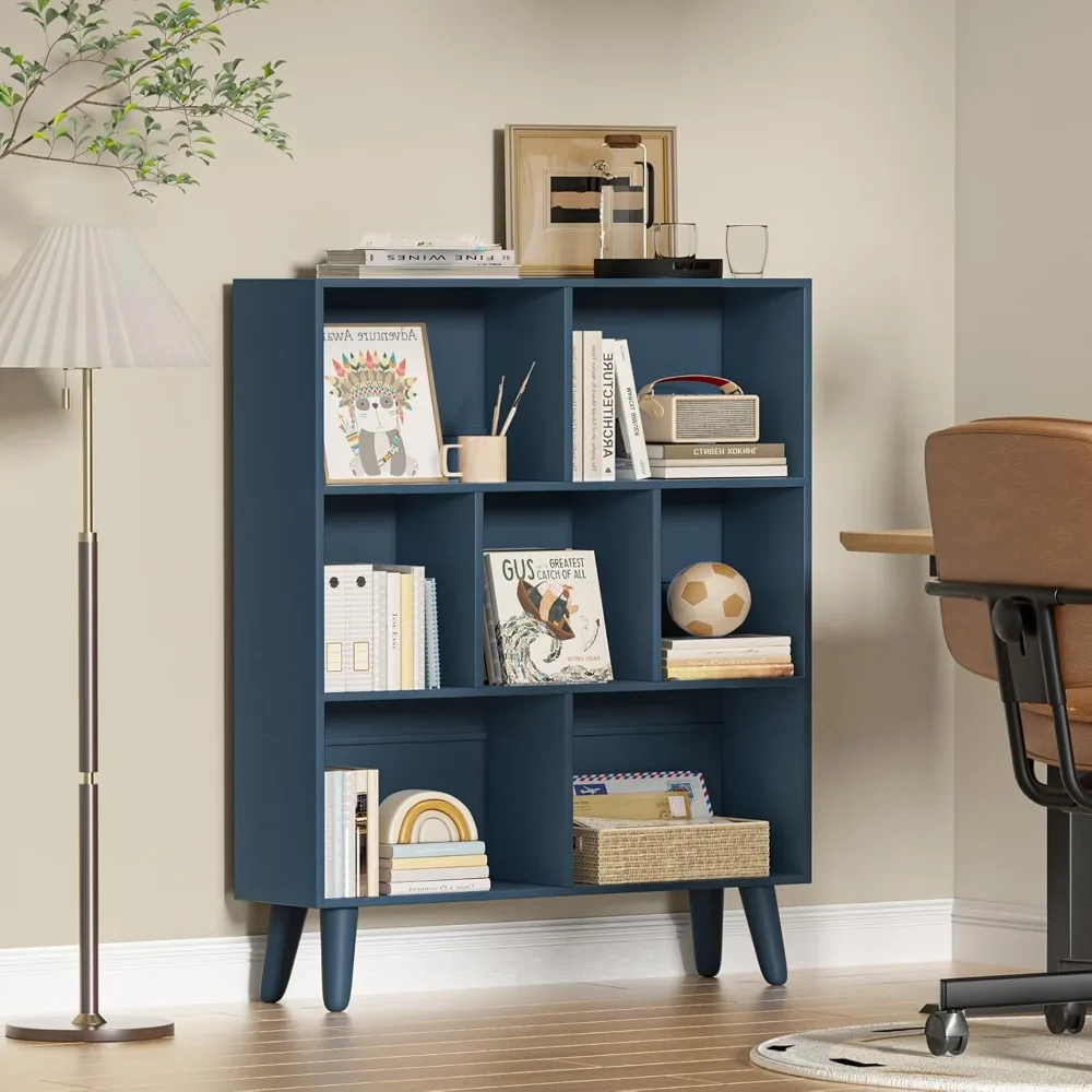 Blue Bookshelf,3 Tier Book Shelf with Legs, 7 Cube Minimalist Bookcase,Storage Organizer Shelves Display Bookcases for B